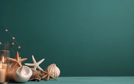 Still life with starfish, seashells and candles on green backgroundの素材