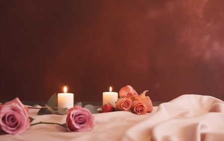 Burning candles and roses on a brown background. Valentine's Day.の素材