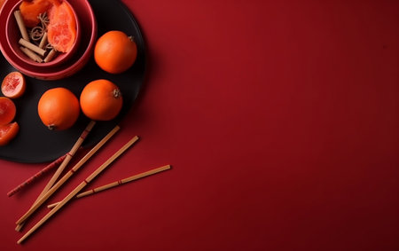 Citrus fruits and chopsticks on red background, top viewの素材