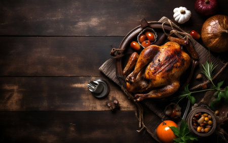 Roasted whole chicken with vegetables on wooden background. Top view with copy spaceの素材