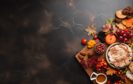 Autumn composition on dark background, top view. Space for textの素材