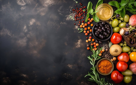 Fresh vegetables and spices on dark background. Top view with copy spaceの素材