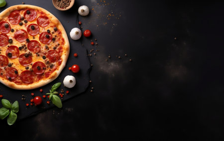 Delicious pizza with ingredients on black background, top view. Space for textの素材