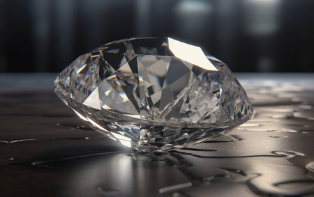 Broken diamond on a wooden table. 3D illustration. Selective focus.の素材