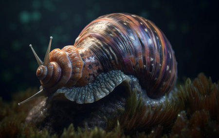 Snail crawling on a coral reef. 3d render illustration.の素材