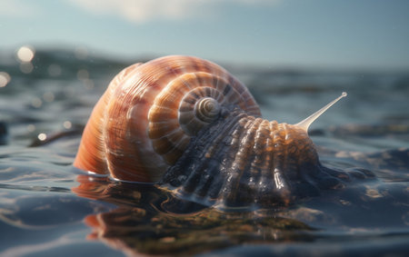 Beautiful snail on the sea shore. Shallow depth of field.の素材