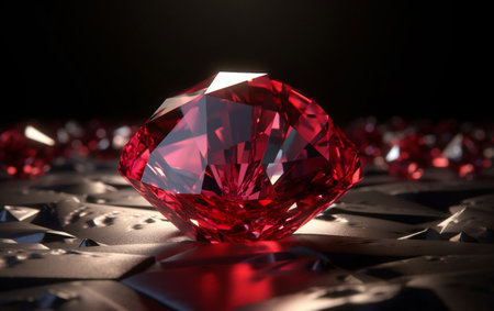 Red diamond on a black background, close-up. 3d renderingの素材