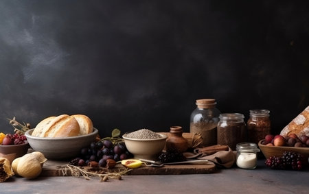 Rustic still life with bread, spices and fruits on a dark backgroundの素材
