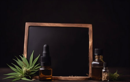 Cannabis essential oil in a glass bottle with leaves of hemp on a black backgroundの素材
