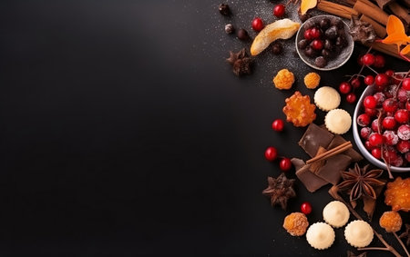 Chocolate candies, berries and spices on a black background.の素材