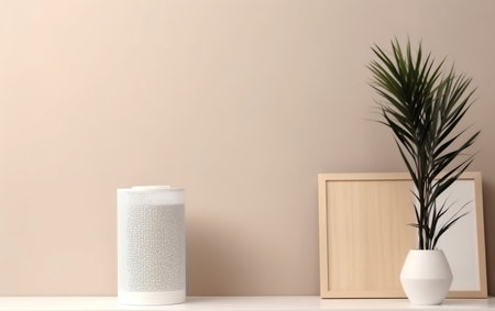 White shelf with books and plant near beige wall. Mock-upの素材