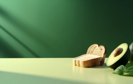 Avocado and bread on a white table with a green background.の素材