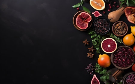 Variety of fresh fruits and vegetables on black background. Top view with copy spaceの素材