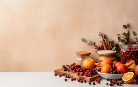 Mulled wine, orange, cinnamon, cranberries and spices on a light backgroundの素材