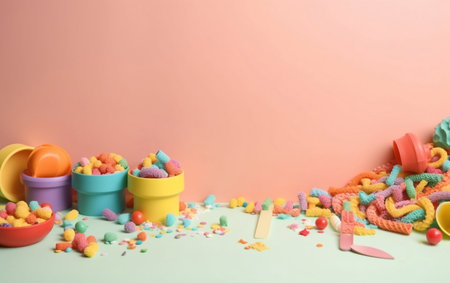 Colorful children's toys on a pastel background with space for textの素材