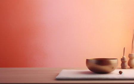 Wooden bowl with incense sticks on table against color background. Space for textの素材