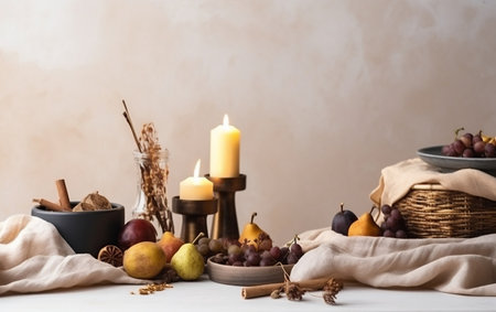 Beautiful composition with autumn fruits and candles on white wooden table.の素材