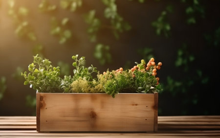Plant in a wooden box on a wooden table against a dark backgroundの素材