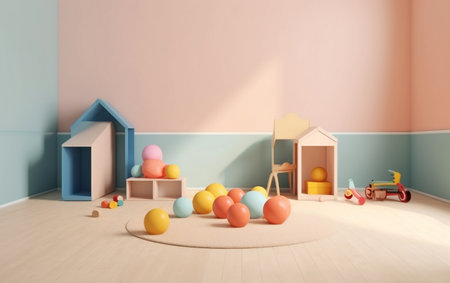 3d render of a children's room with colorful toys and furnitureの素材