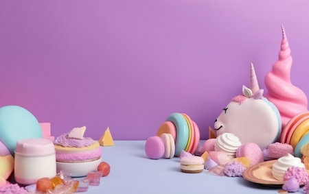 Unicorn cake, macaroons and candies on blue backgroundの素材