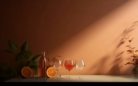 Glasses of wine and oranges on table against color wall. Space for textの素材