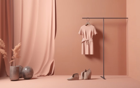 3d rendering of a pink interior with a hanger and a woman's shoesの素材