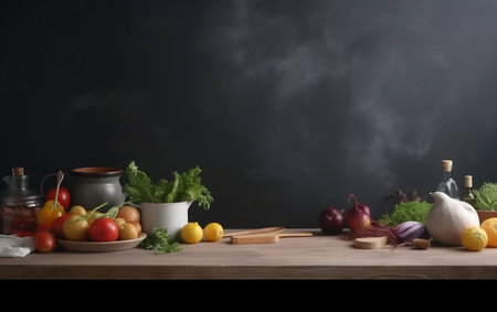 Composition with variety of raw vegetables on wooden table against dark backgroundの素材