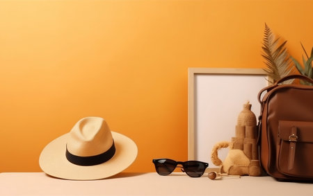 Summer holiday concept. Sunglasses, hat, suitcase, palm leaf, teddy bear and photo frame on orange backgroundの素材