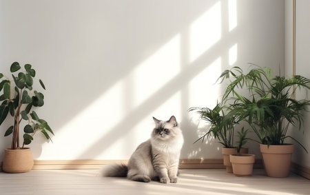 Siberian cat sitting on the floor with houseplants.の素材