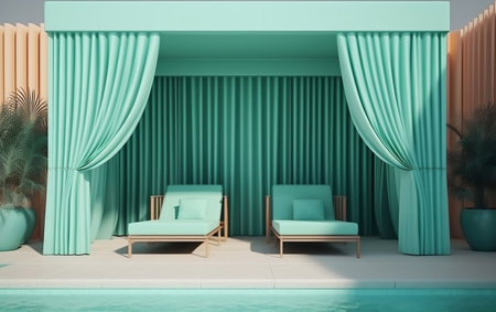 3d rendering of a turquoise swimming pool with blue curtainsの素材