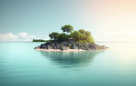 Small island in the sea with palm trees. 3d render.の素材