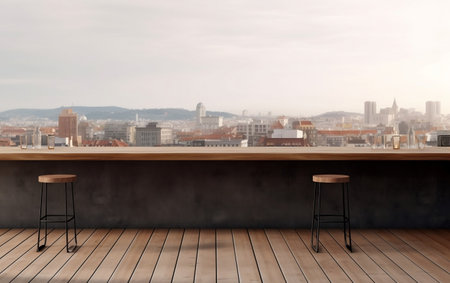 wooden table and chair on terrace with panoramic city viewの素材