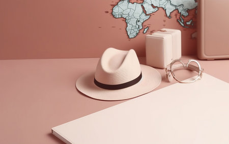 White hat, passport and sunglasses on a pink background. Travel conceptの素材