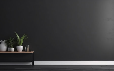 Interior of a living room with a black wall and a shelf with plantsの素材