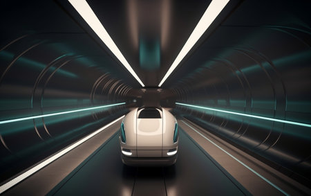 3d rendering of a modern car driving through a tunnel with light beamsの素材
