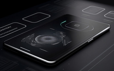Smartphone with fingerprint scanner on the screen. 3d illustration.の素材