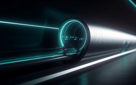 Futuristic tunnel with glowing lights in the dark. 3d renderingの素材