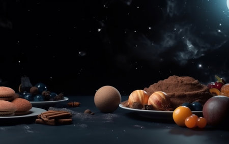 A set of different types of cakes on a black background with space for textの素材