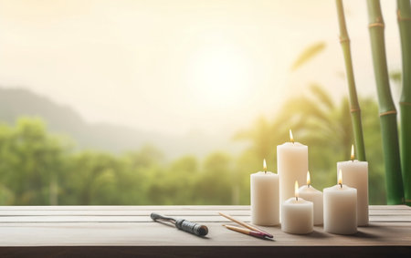 Burning candles on wooden table in front of green nature background.の素材