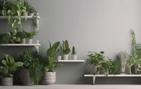 Green seedlings in pots on white shelves. 3d render illustration.の素材
