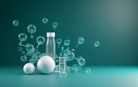 Molecule and glass flask on green background. 3d renderingの素材