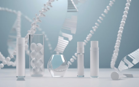 Cosmetic products with dna chain background. 3d rendering.の素材