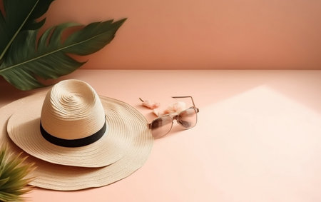 Summer straw hat, sunglasses and tropical leaves on pink background. Minimal summer concept.の素材