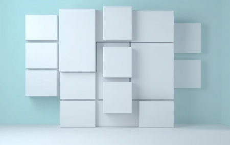 3d rendering of white cubes in empty room. Abstract background.の素材