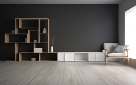 Interior of modern living room with gray walls, wooden floor, white sofa and bookcase. 3d renderingの素材