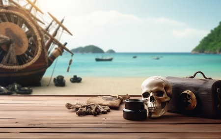 Skull with treasure chest on wooden table and sea background. Travel and adventure conceptの素材