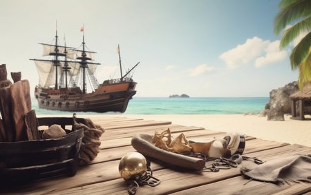 Vintage Pirate items on a wooden deck with a pirate ship in the backgroundの素材