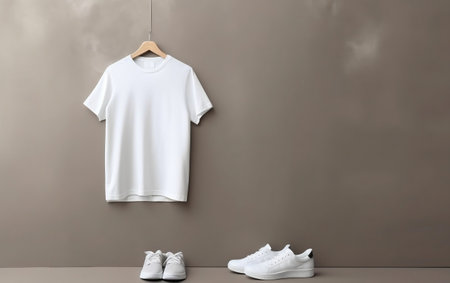 White t-shirt and sneakers on hanger on gray wall backgroundの素材