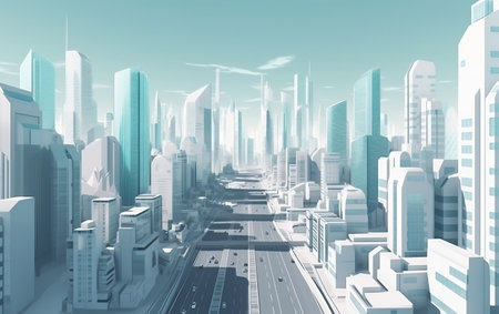 Modern cityscape with skyscrapers and highway. 3d renderingの素材