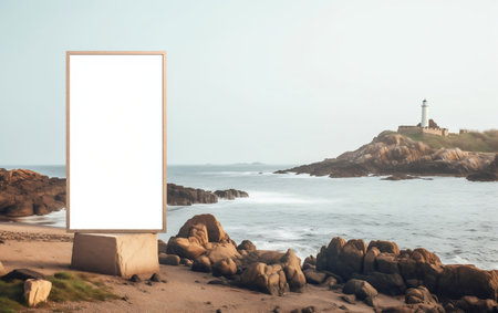 Blank white signboard on sandy beach with sea and lighthouse. Mock-up, 3D Renderingの素材
